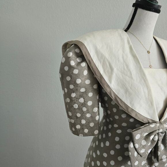 St. Gillian VTG Silk Polka Dot Midi Dress 12 Puff Sleeves Bow Collar Retro 80s - Picture 3 of 11